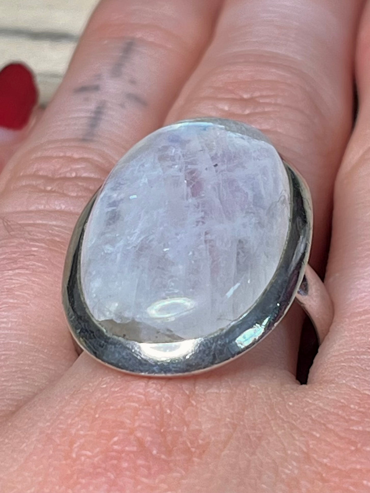 Large Oval Moonstone 925 Sterling Silver Size Q Ring