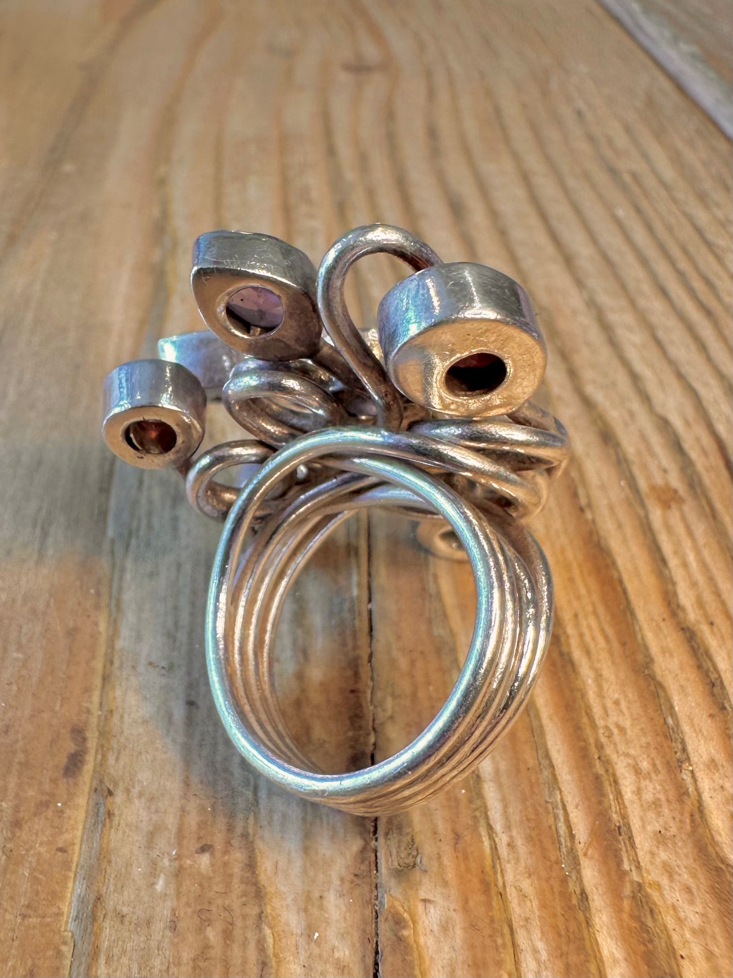 Multi Gemstone Wired Coil Design 925 Sterling Silver Size N Ring