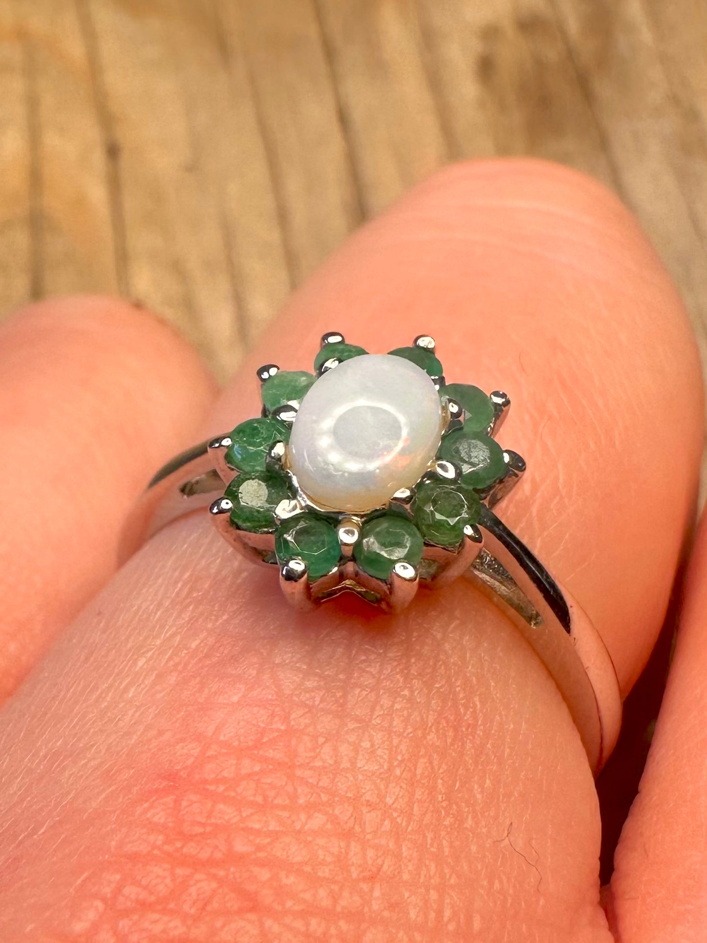 Vintage Opal and Green Stone 925 Sterling Silver Size T1/2 Ring