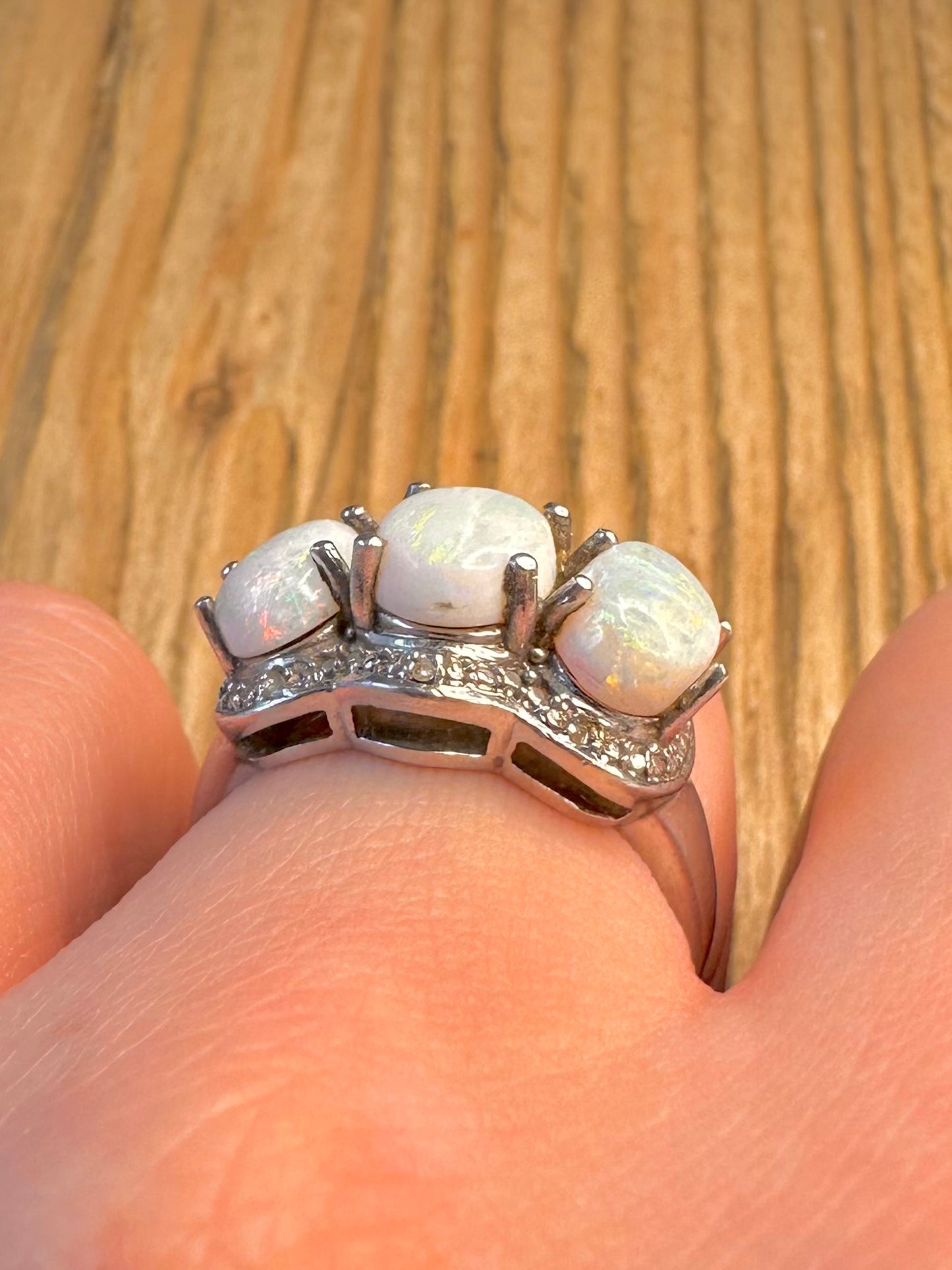 Three Opal Ornate 925 Sterling Silver Size O1/2 Ring