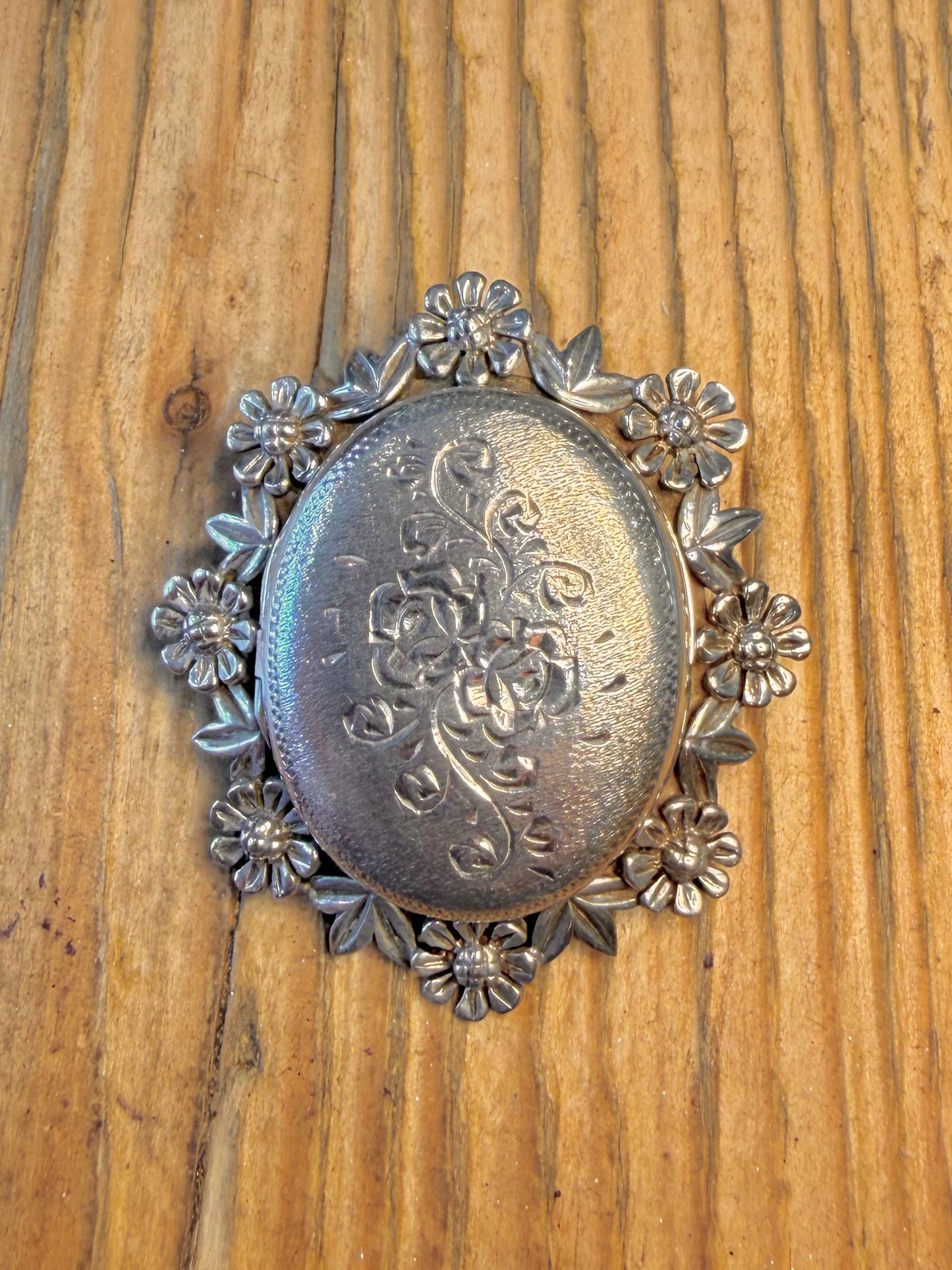 Large 1969 Floral Motif and Engraved Maker JS Birmingham Locket 925 Sterling Silver Pendant Brooch
