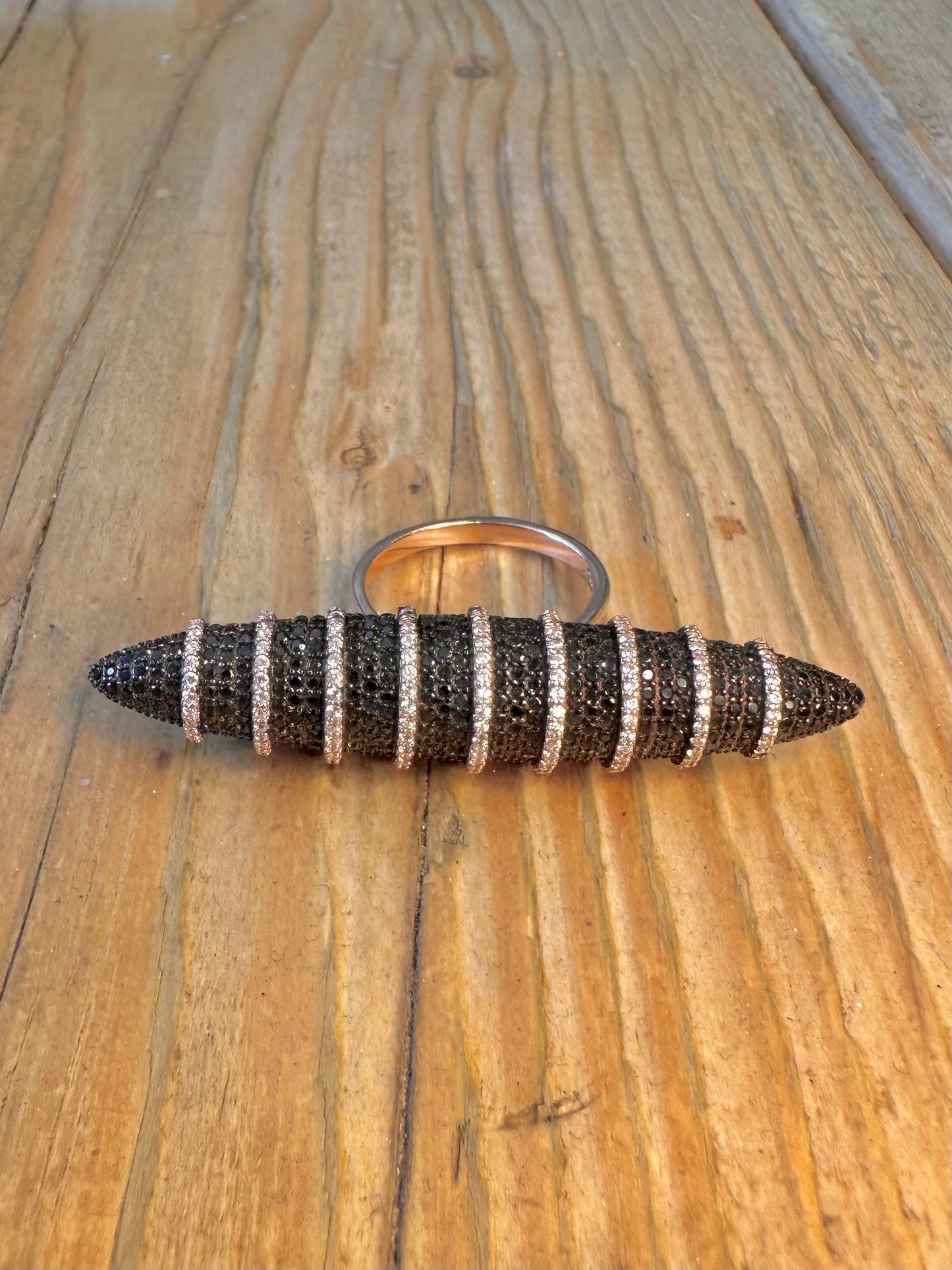 Large Long Black Stones Pointed Rose Gold Colour on 925 Sterling Silver Size M1/2 Ring