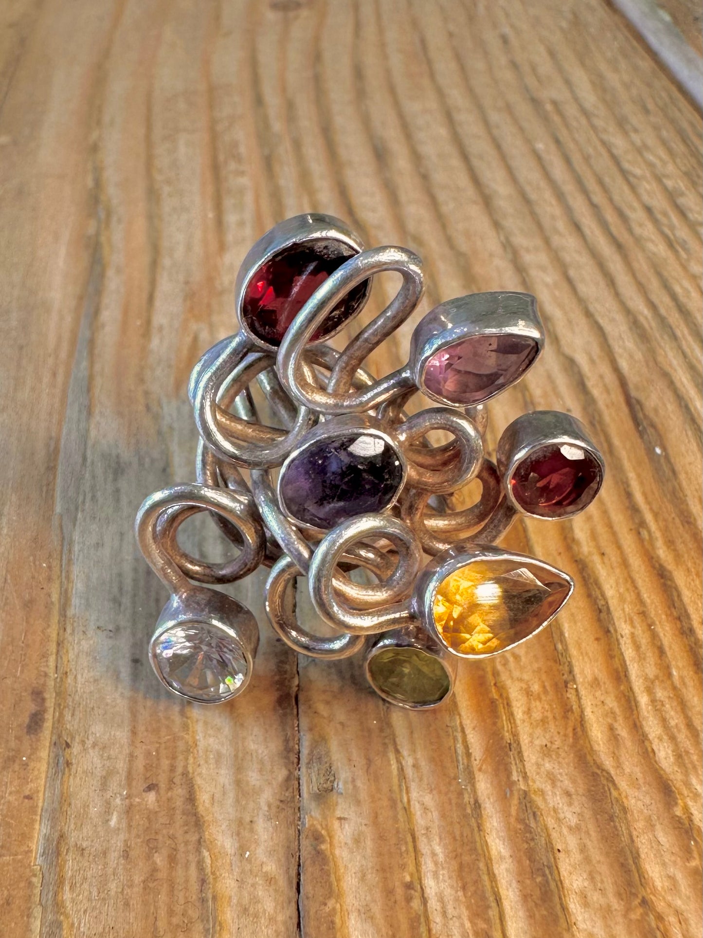 Multi Gemstone Wired Coil Design 925 Sterling Silver Size N Ring