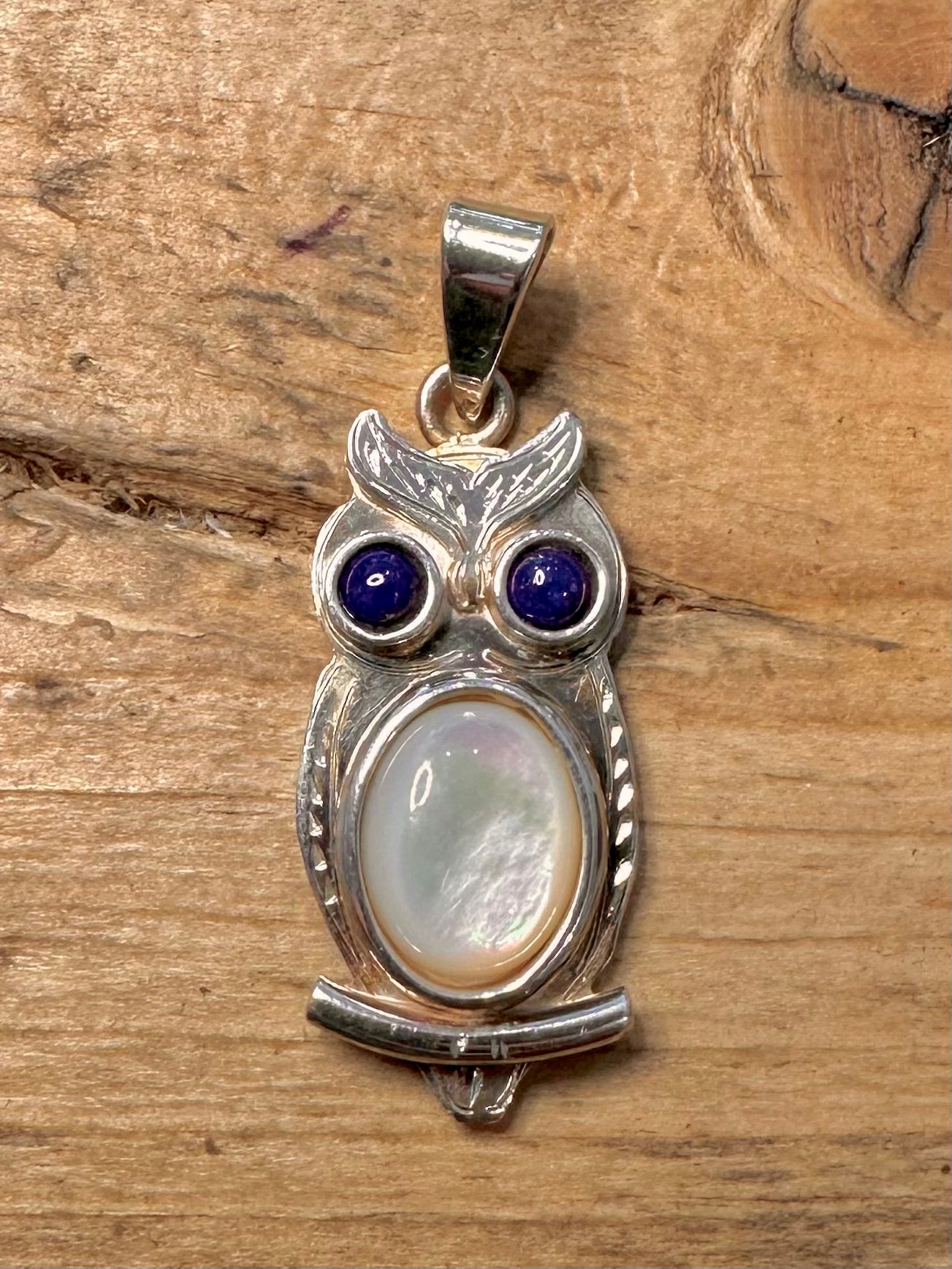 Vintage Owl Mother of Pearl and Lapis 925 Silver Pendant