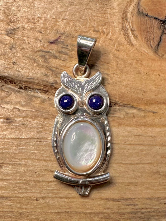 Vintage Owl Mother of Pearl and Lapis 925 Silver Pendant
