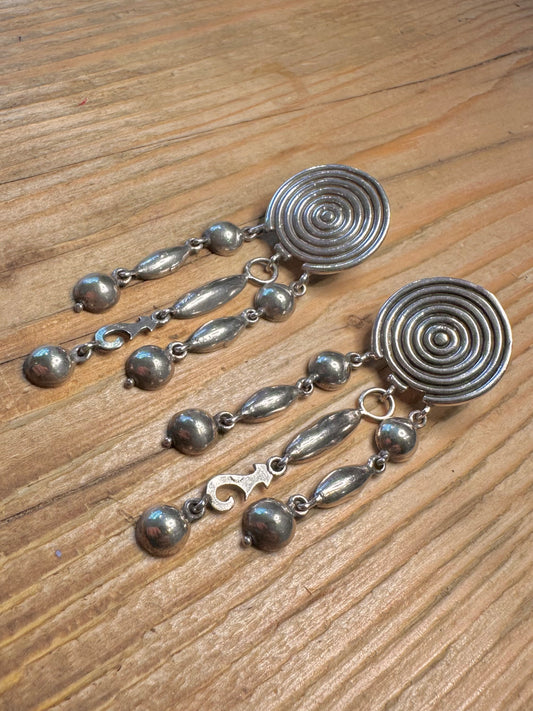 Vintage Spiral Circle Dangle 925 Sterling Silver Earrings
