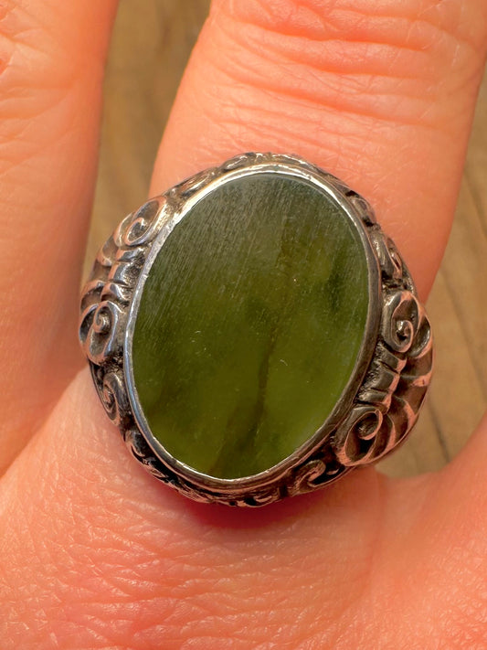 Vintage Jade Ornate Signet 925 Sterling Silver Size V Ring