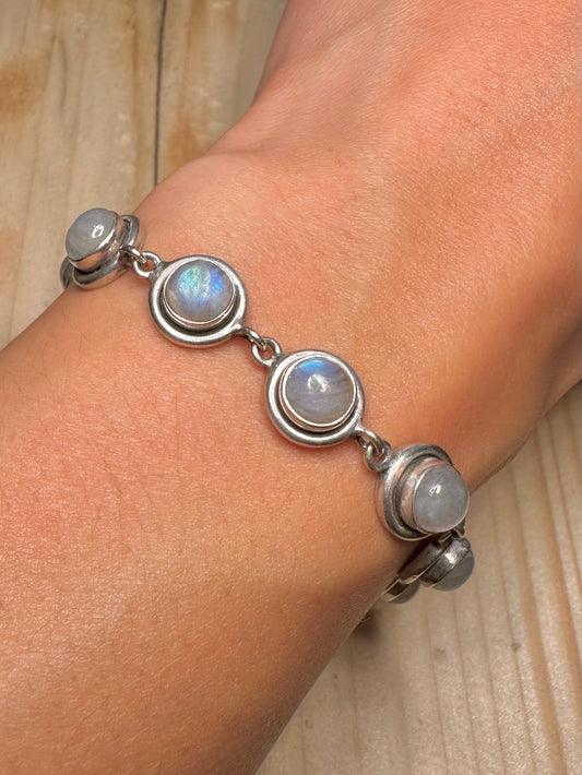 Rainbow Moonstone Circle Heavy Link 925 Sterling Silver 7 inch Bracelet