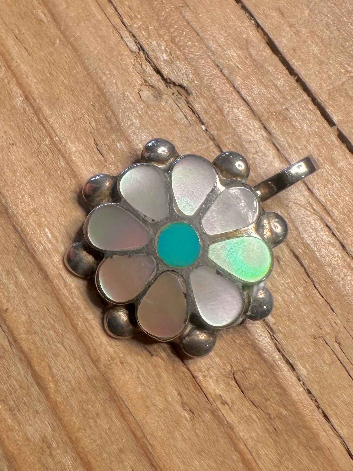 Vintage Zuni Mother of Pearl And Turquoise Maker Benina Kallestewa 925 Sterling Silver Pendant