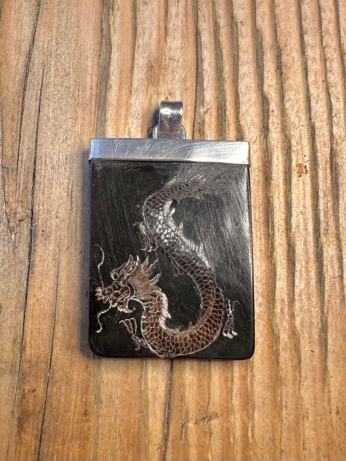 Black Rectangle Engraved Dragon 925 Sterling Silver Pendant