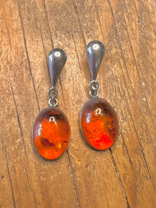Amber Dangle Oval 925 Sterling Silver Earrings
