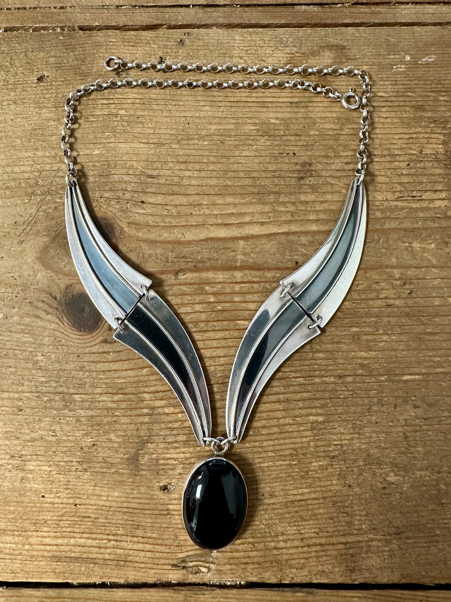 Vintage Black Stone Abstract 925 Silver 17 inch Necklace