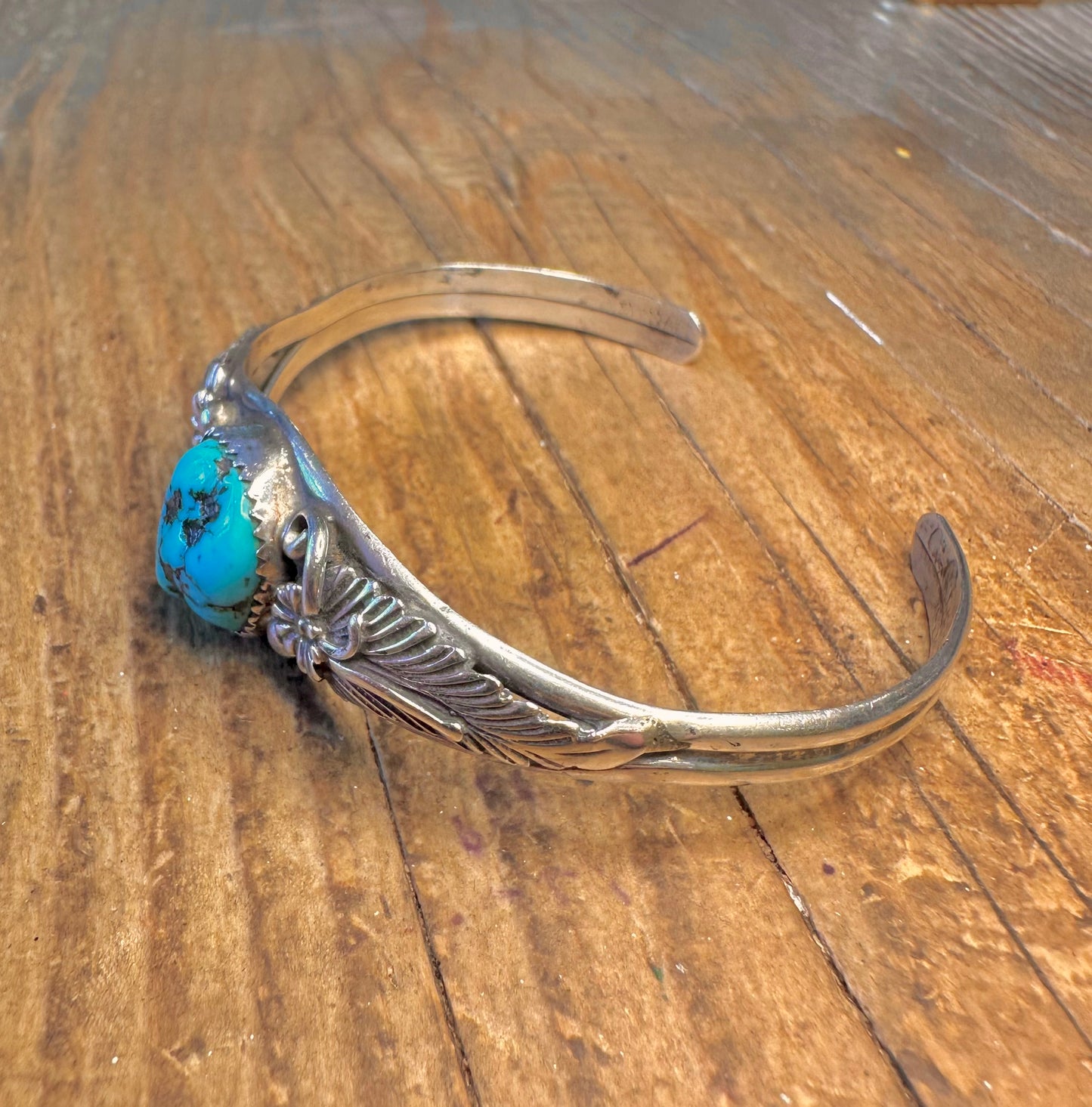 Navajo Turquoise Leaf Floral Silver Cuff Bangle