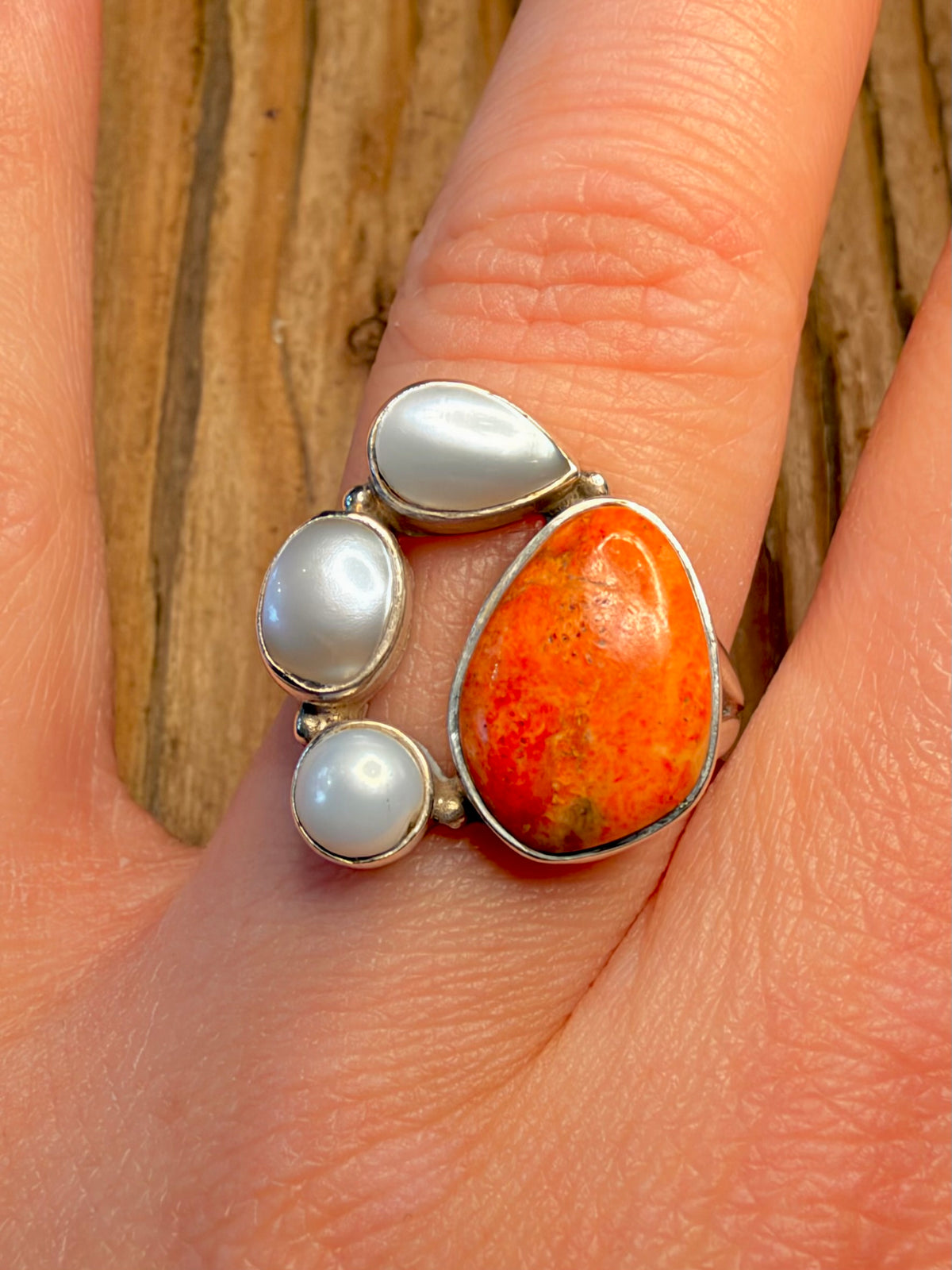 Pearl and Orange Stone 925 Sterling Silver Size S Ring