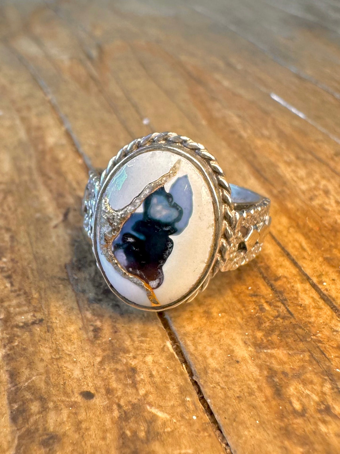 White Agate Multi Coloured 1992 Textured 925 Sterling Silver Size M Ring