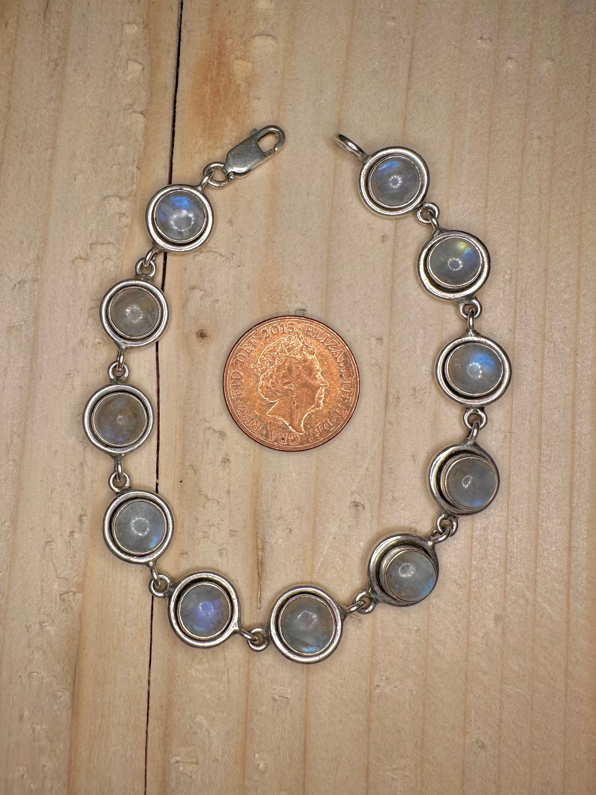 Rainbow Moonstone Circle Heavy Link 925 Sterling Silver 7 inch Bracelet