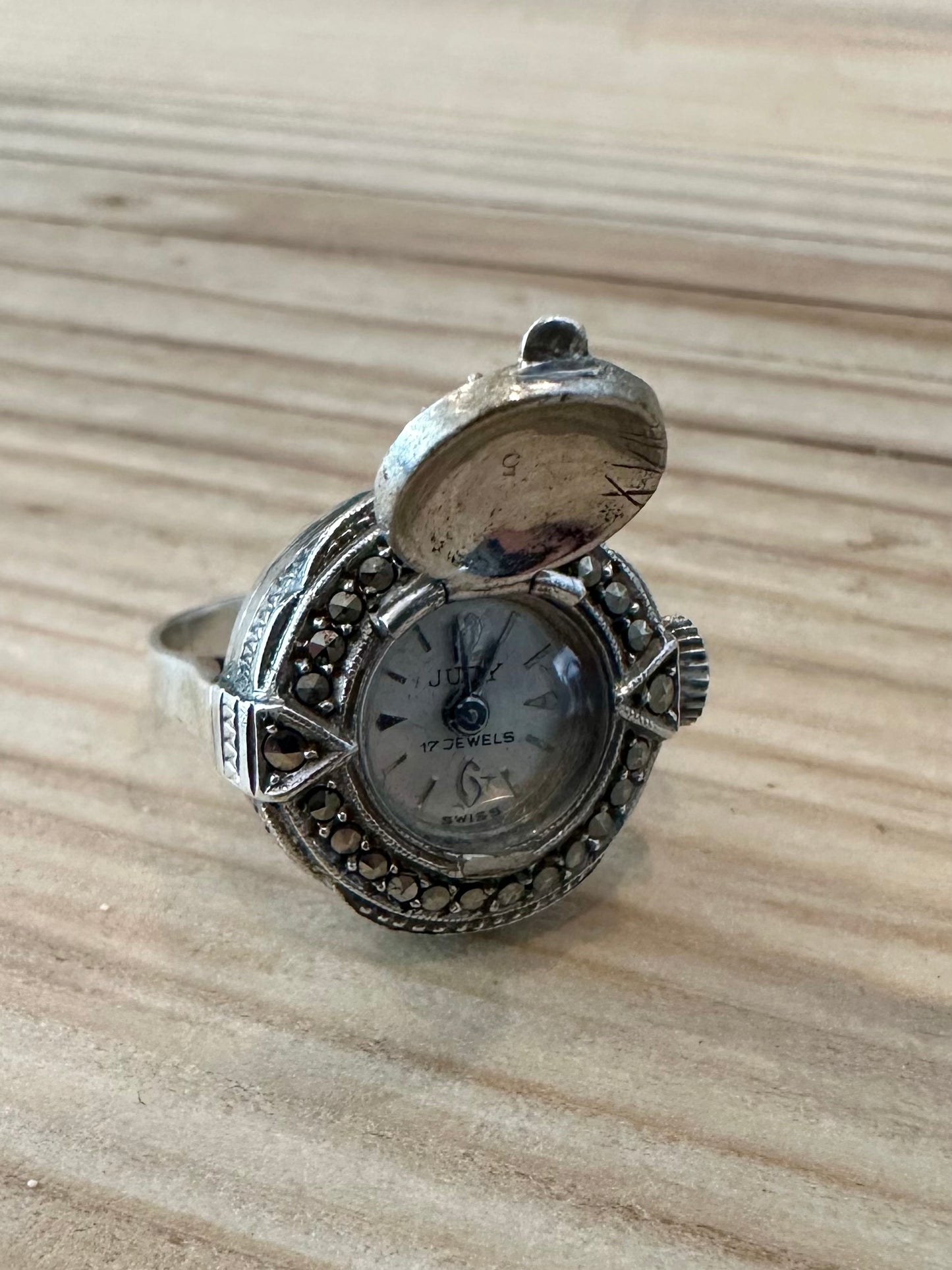 Vintage Marcasite Finger Watch Swiss 925 Silver Size N Ring