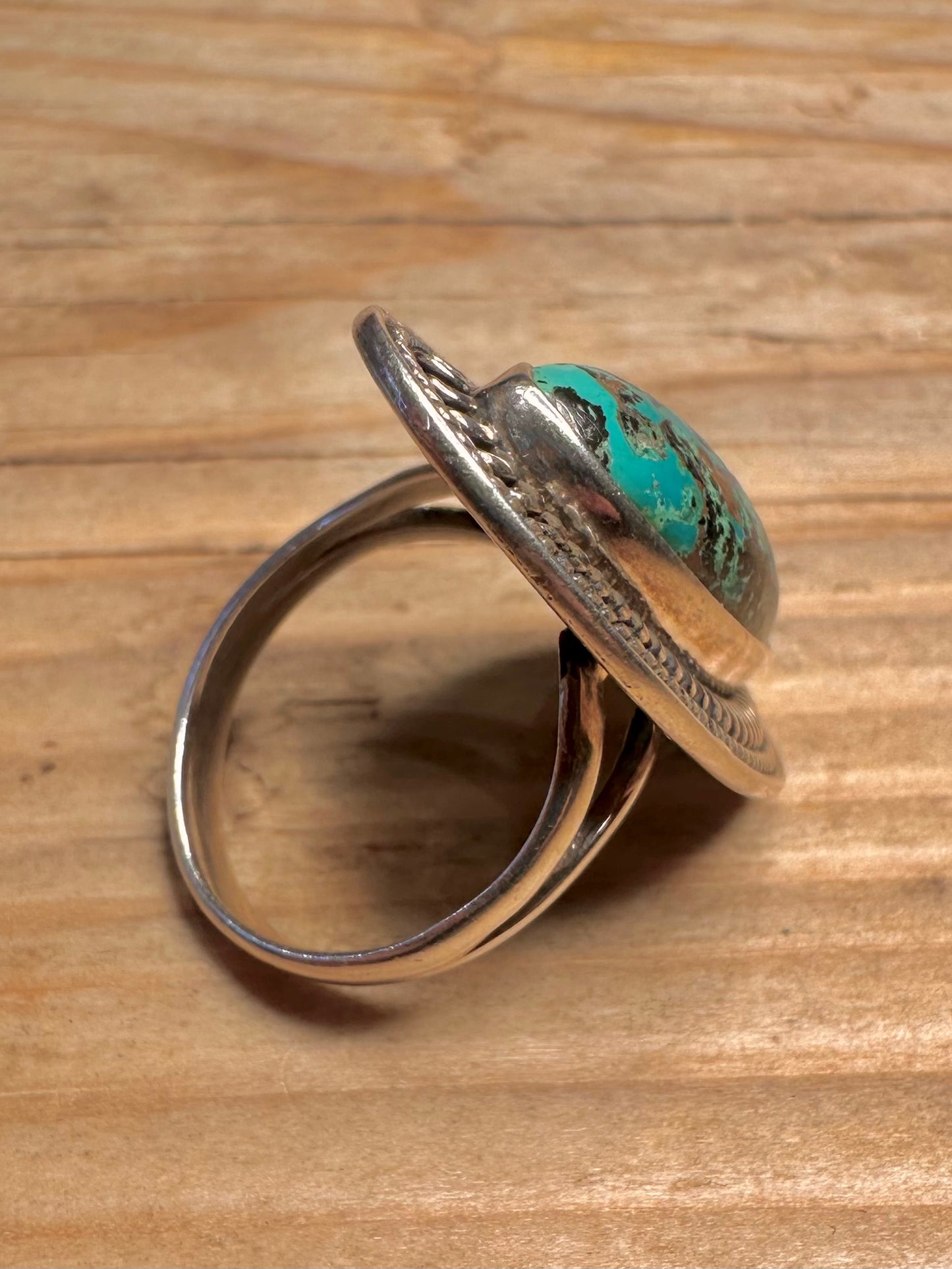 Vintage Turquoise Rope Border Design 925 Sterling Silver Size P1/2 Ring