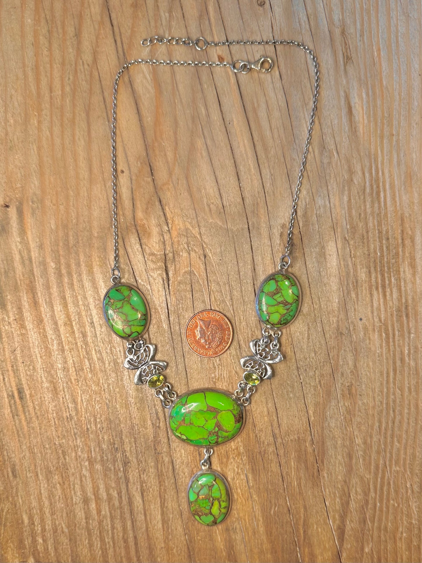 Vintage Green Turquoise and Peridot 925 Sterling Silver 18 inch Necklace