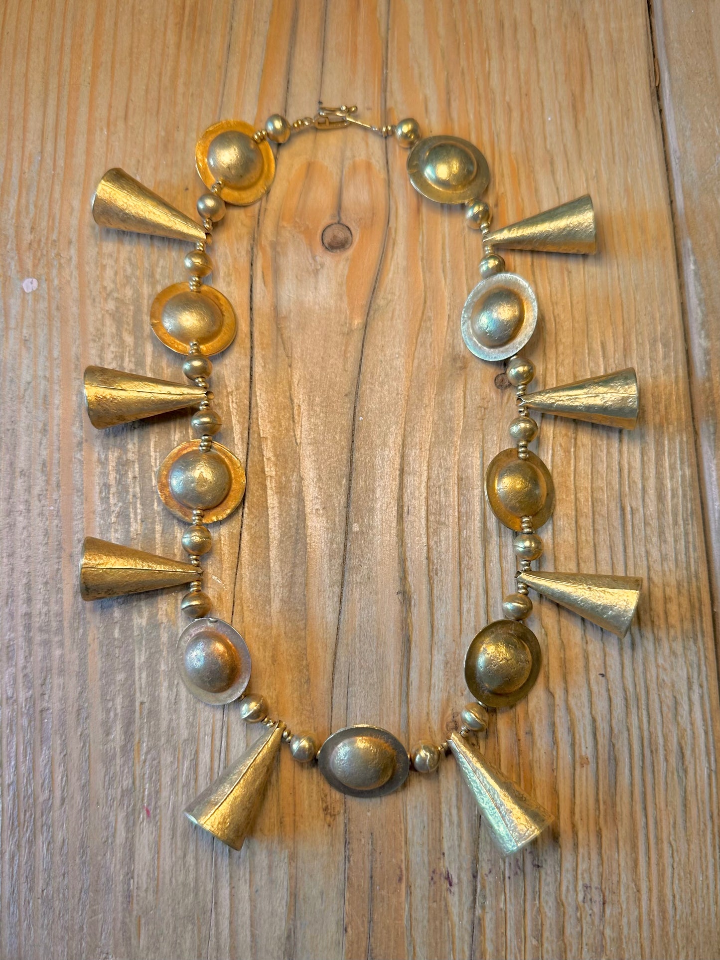 Etruscan Revival Disc and Cone Arrow Gold on 925 Sterling Silver Clear Bead String 17.8 inch Necklace