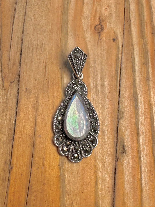 Art Deco Mother of Pearl and Marcasite 925 Sterling Silver Pendant