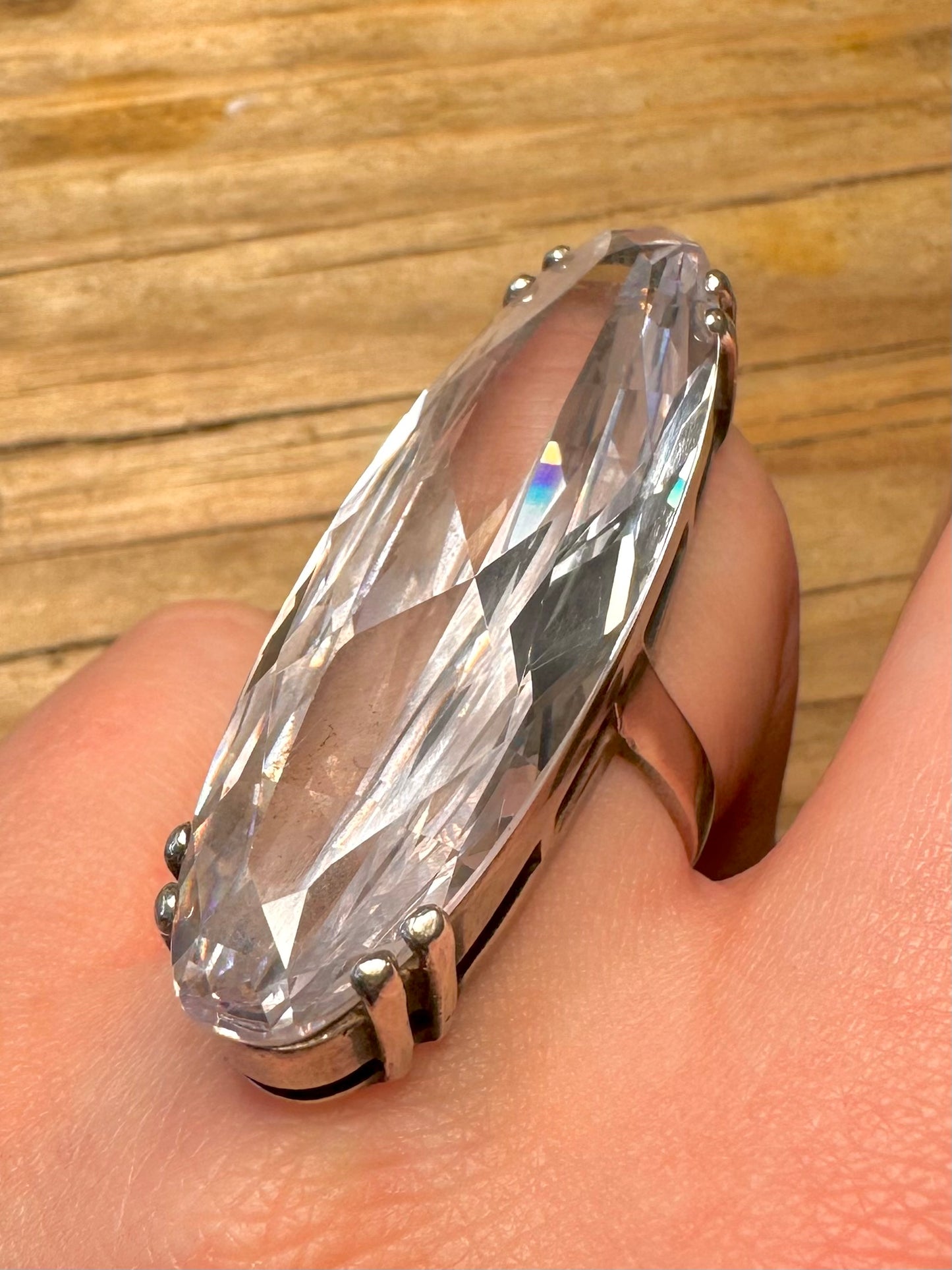Vintage Large Marquise Cut Crystal 925 Sterling Silver Size L1/2 Ring