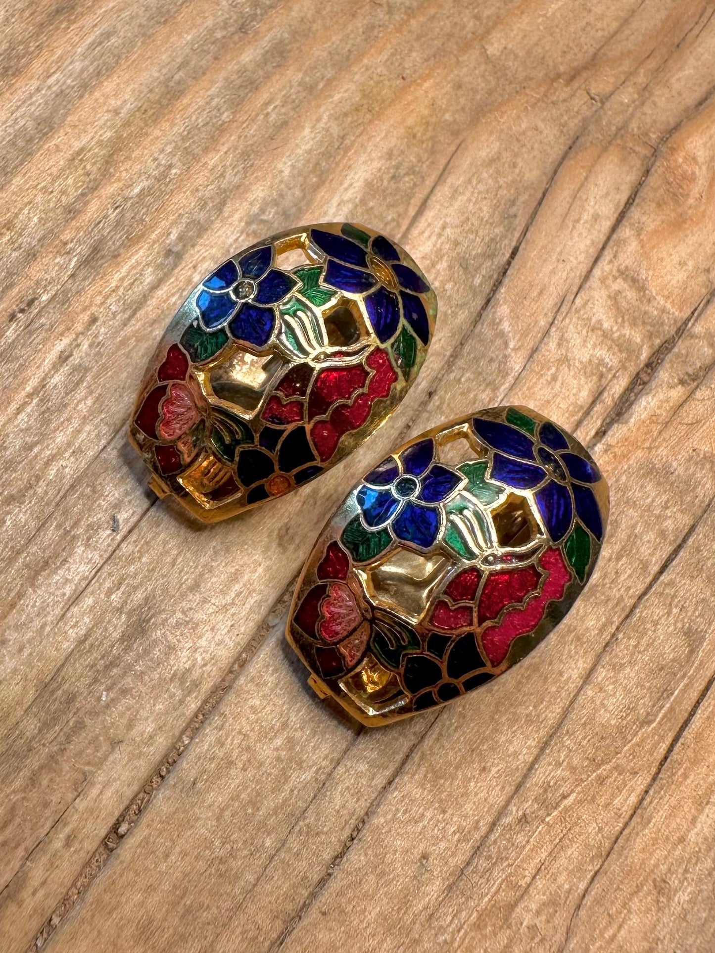 Vintage Cloisonné Enamel Flower Gold Tone Clip on Costume Earrings