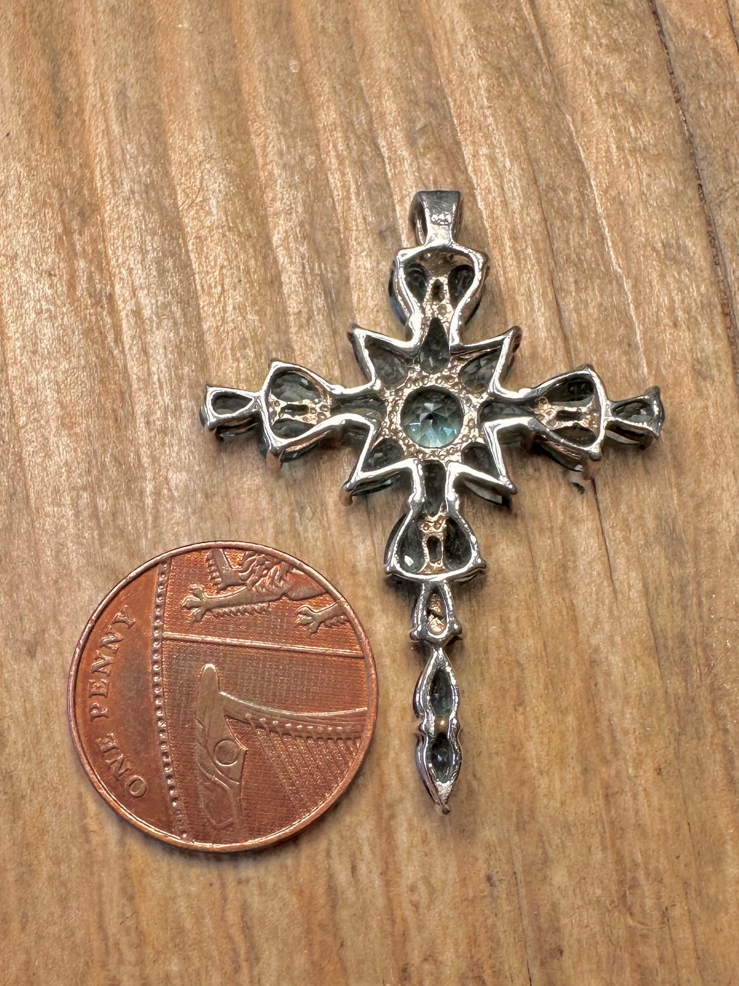 Vintage Blautopas Kreuz 925 Sterling Silber Anhänger