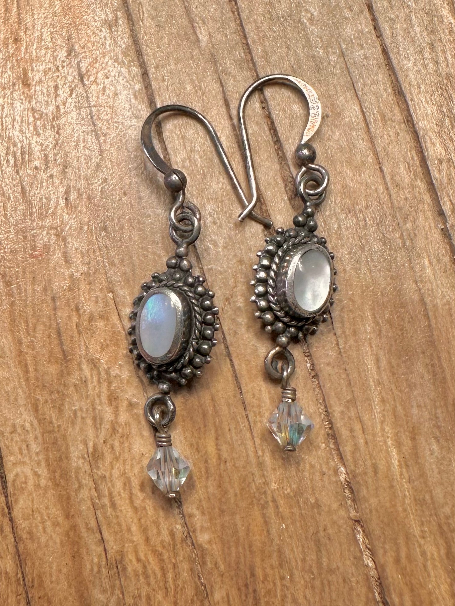 Vintage Mother of Pearl and Crystal 925 Sterling Silver Earrings