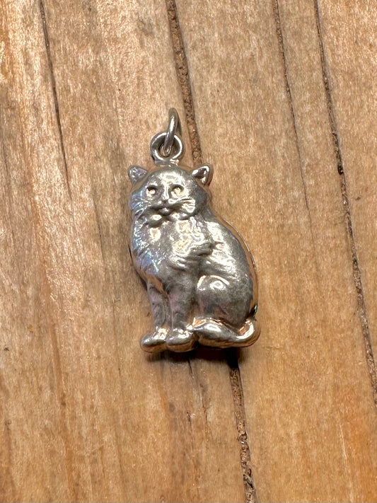 Vintage Cat Textured 925 Sterling Silver Charm Pendant