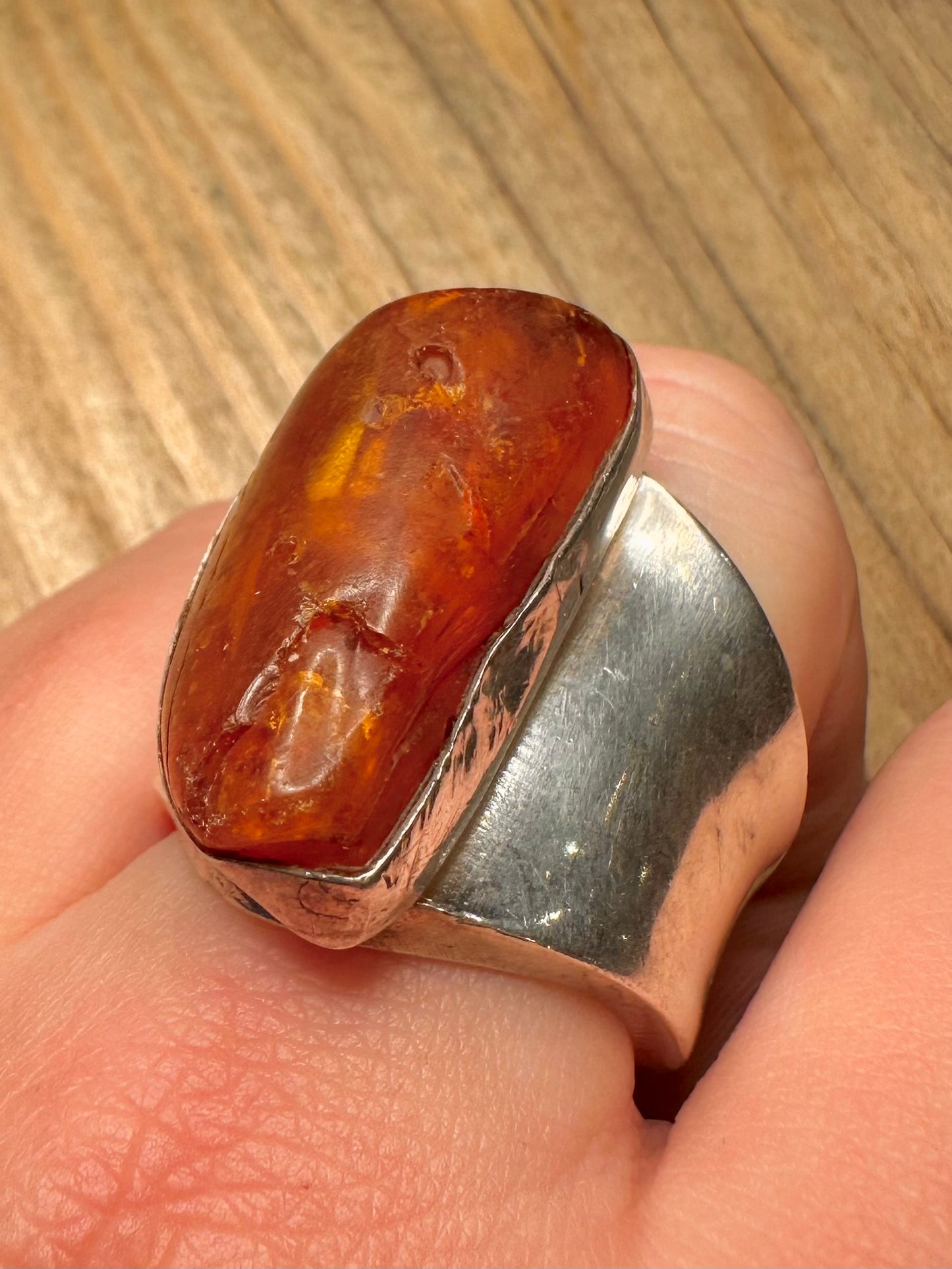 Abstract Chunky Amber 925 Sterling Silver Size R Ring