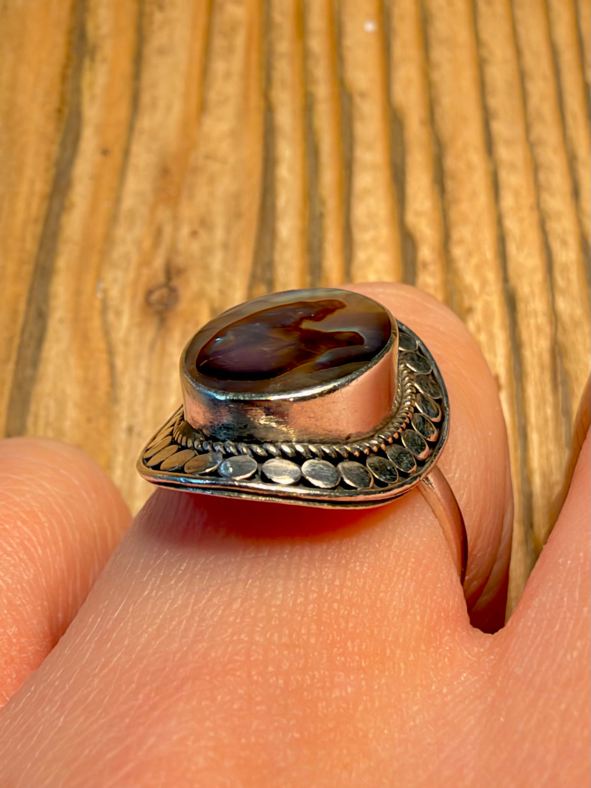 Ornate Oval Abalone 925 Sterling Silver Size P Ring