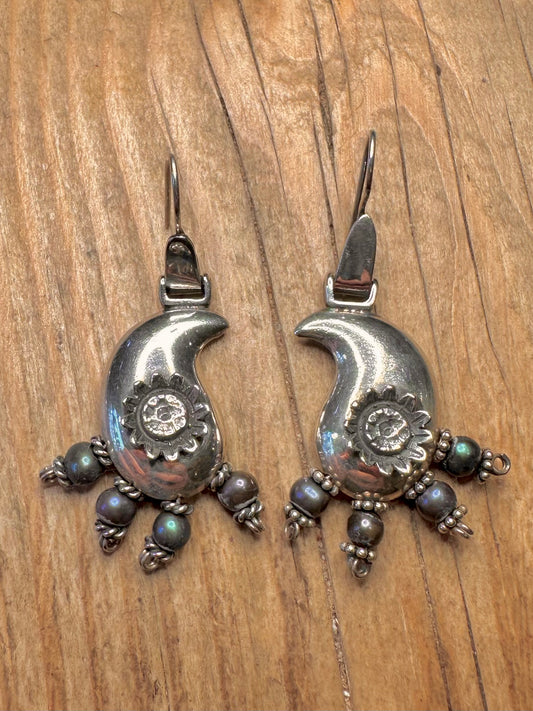 Vintage Boho Floral Dark Pearl 925 Sterling Silver Earrings