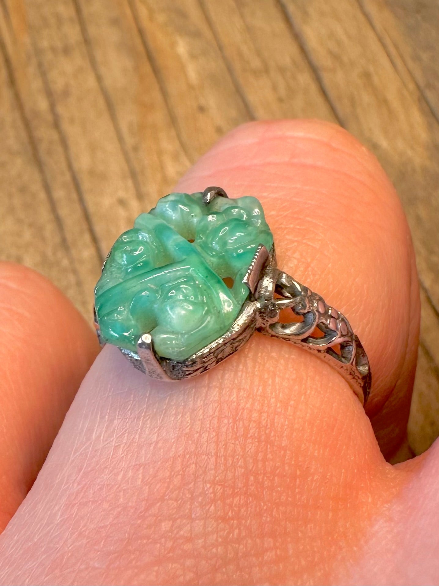 Carved Jadeite Thomas L Mott Art Deco 925 Sterling Silver England Size O Ring