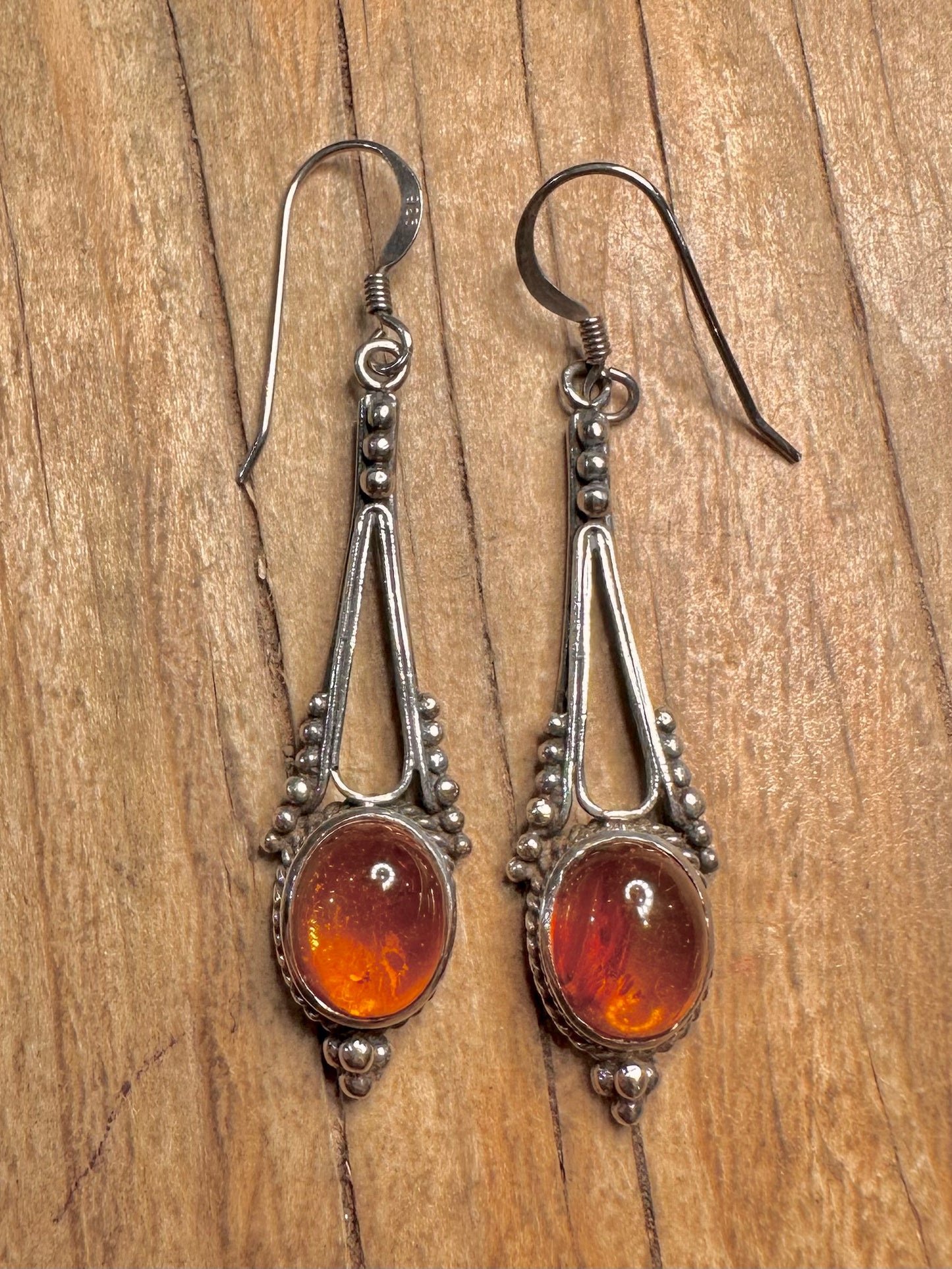Vintage Amber Ornate Dangle 925 Sterling Silver Earrings