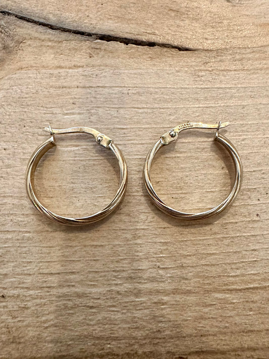 Vintage Textured Hoops 925 Silver 9ct Gold Bonded Earrings