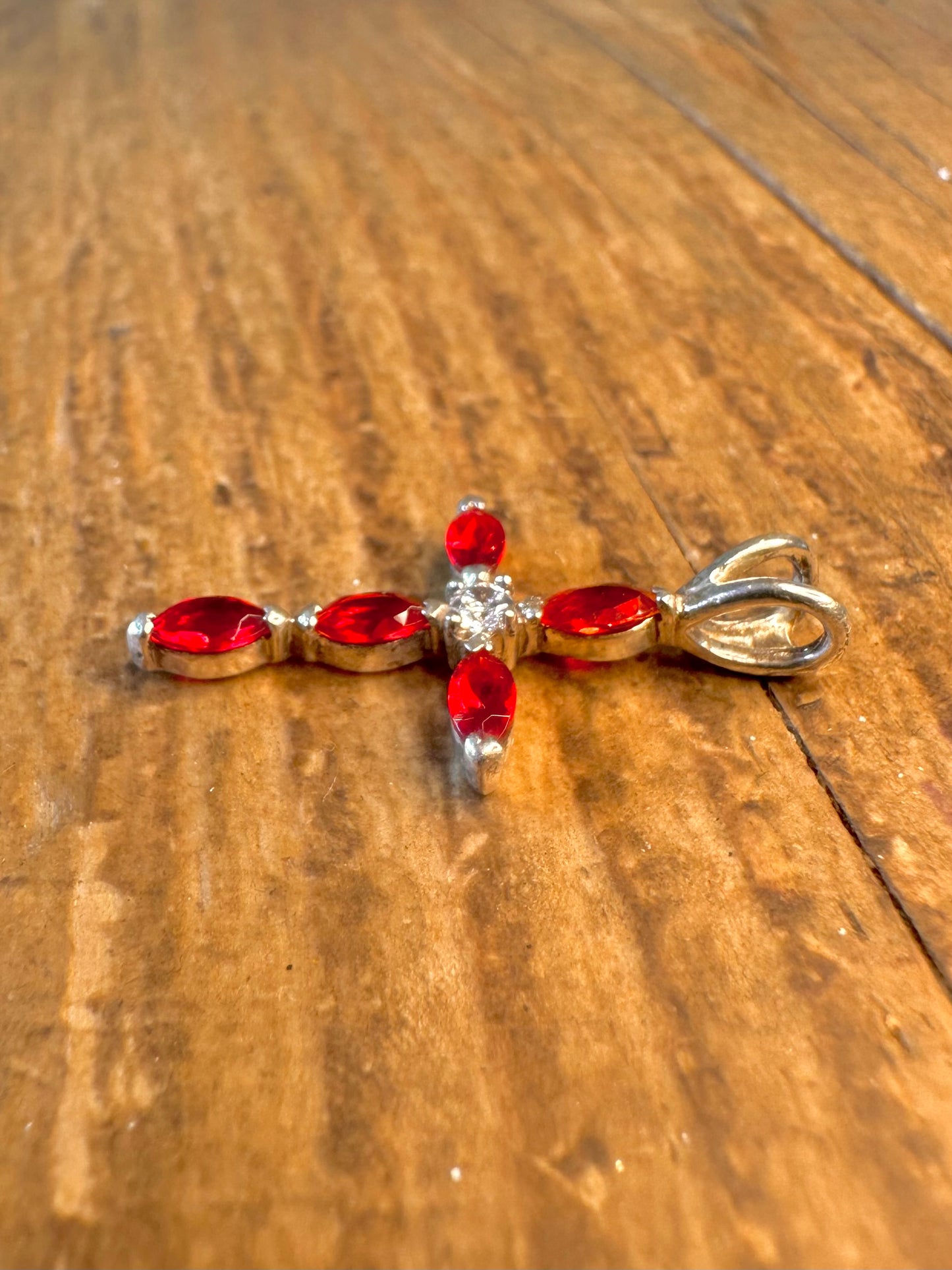Red and White Stone Cross 925 Sterling Silver Pendant