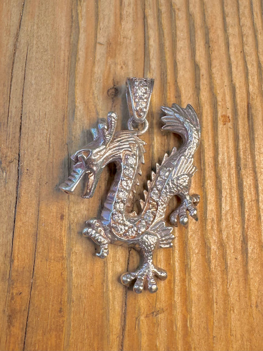 Large Dragon CZ White Stones 925 Sterling Silver Pendant