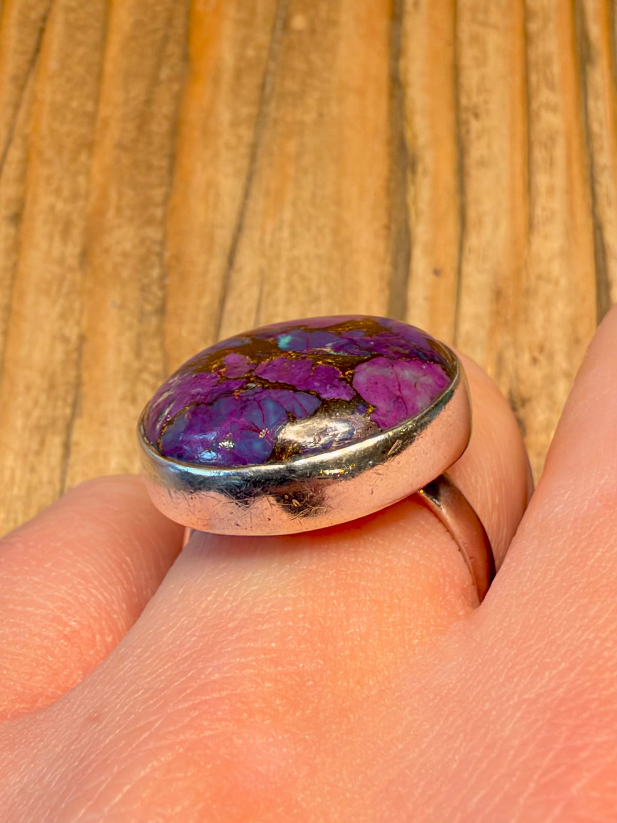 Purple Copper Turquoise Circle 925 Sterling Silver Size T Ring