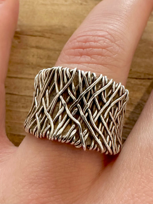 Abstract Woven 925 Silver Size S Open Back Ring