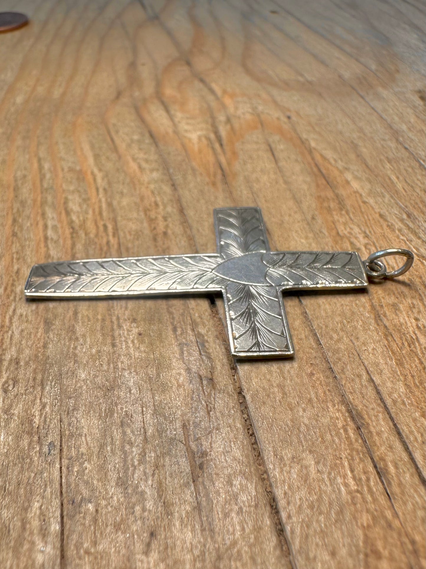 Vintage Floral Etched Shield Cross 925 Sterling Silver Pendant