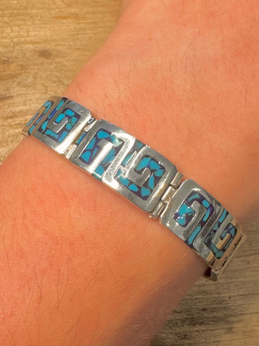 Vintage Turquoise Inlay Mexican 925 Silver 7 inch Bracelet