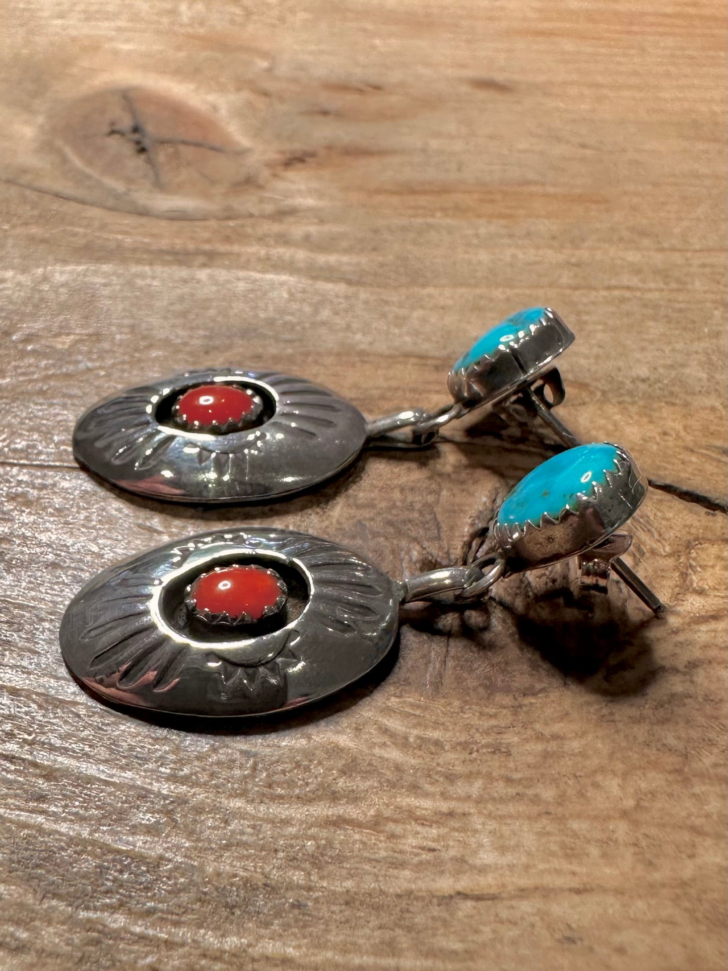 Vintage Native American Turquoise and Coral 925 Silver Earrings