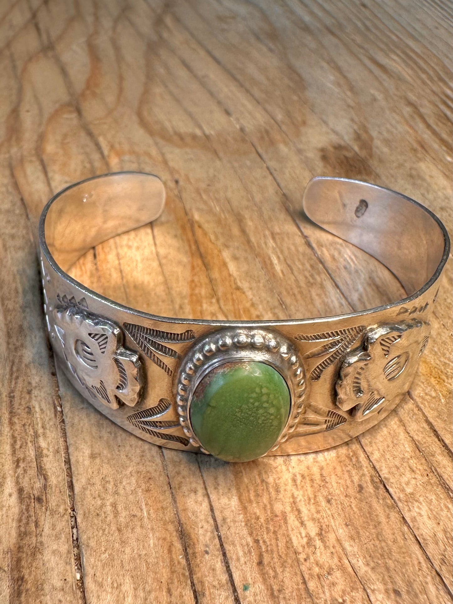 Vintage Navajo Green Turquoise Native Symbols 925 Sterling Silver Cuff Bangle