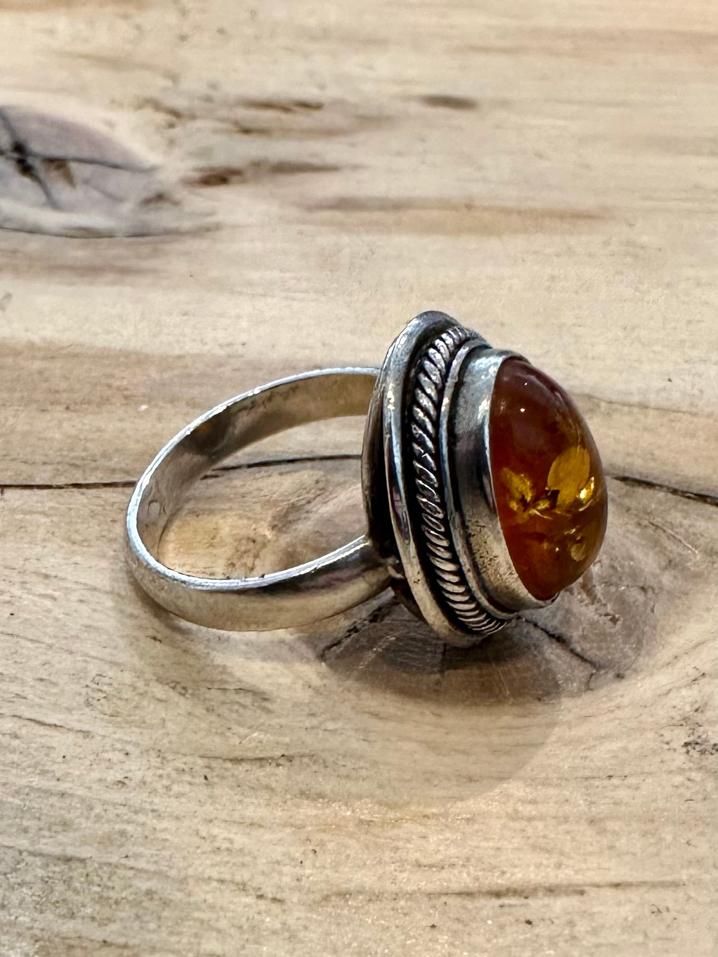 Vintage Amber Oval 925 Silver Size L Ring