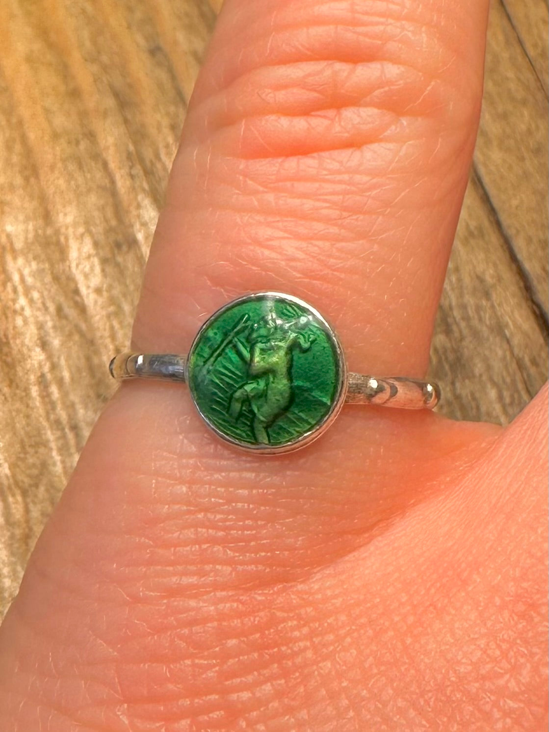 Vintage Green Enamel St Christopher 925 Sterling Silver Size N1/2 Ring