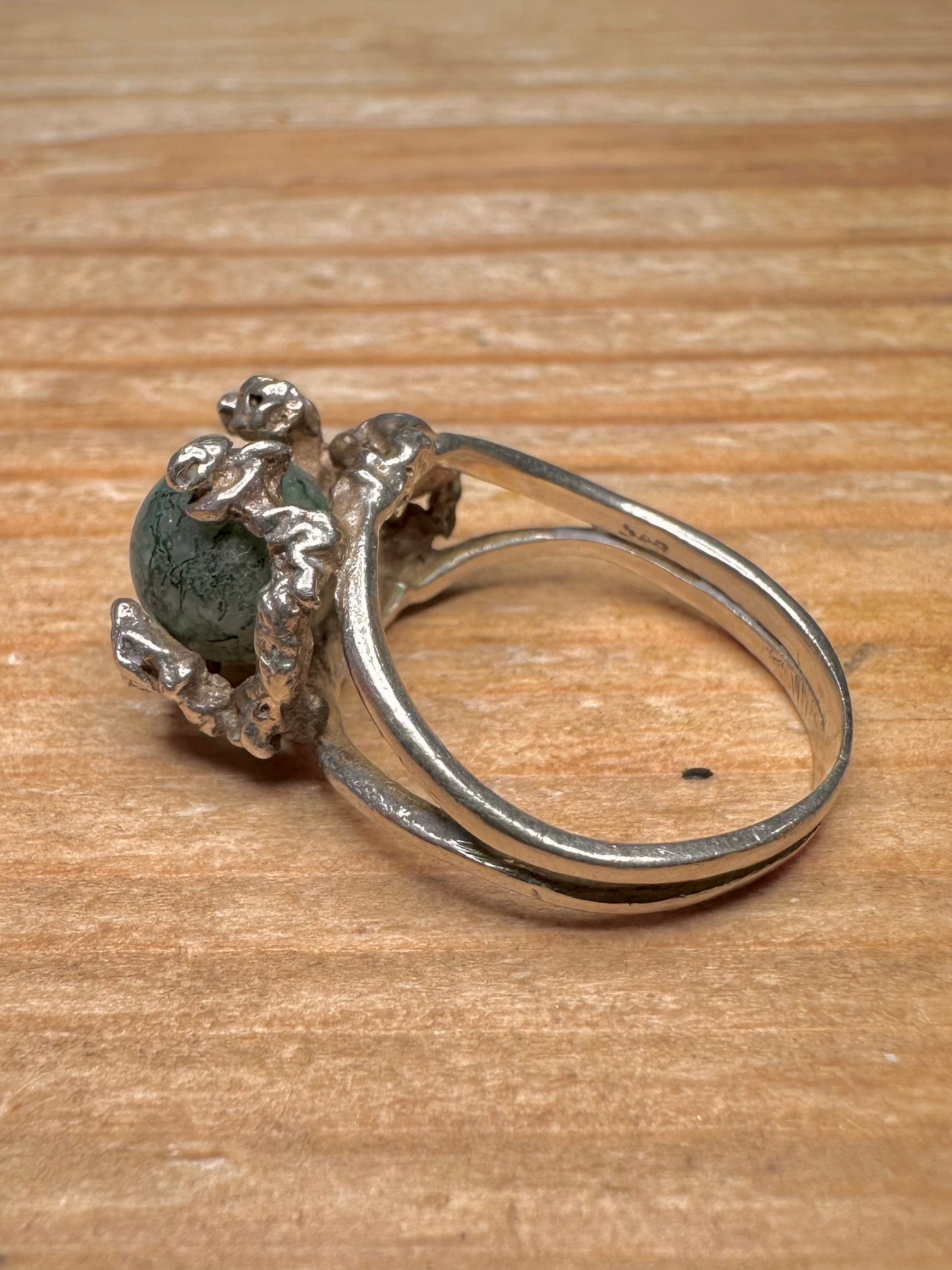 Brutalist Moss Agate Ball 925 Sterling Silver Size O1/2 Ring