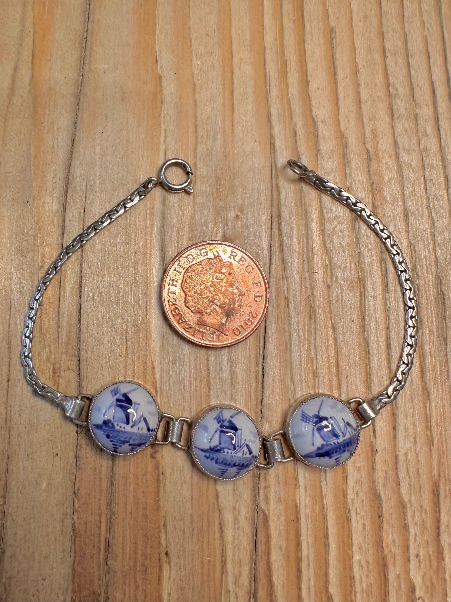 Vintage Holland Delft Enamel Windmill 925 Sterling Silver 7.1 inch Bracelet