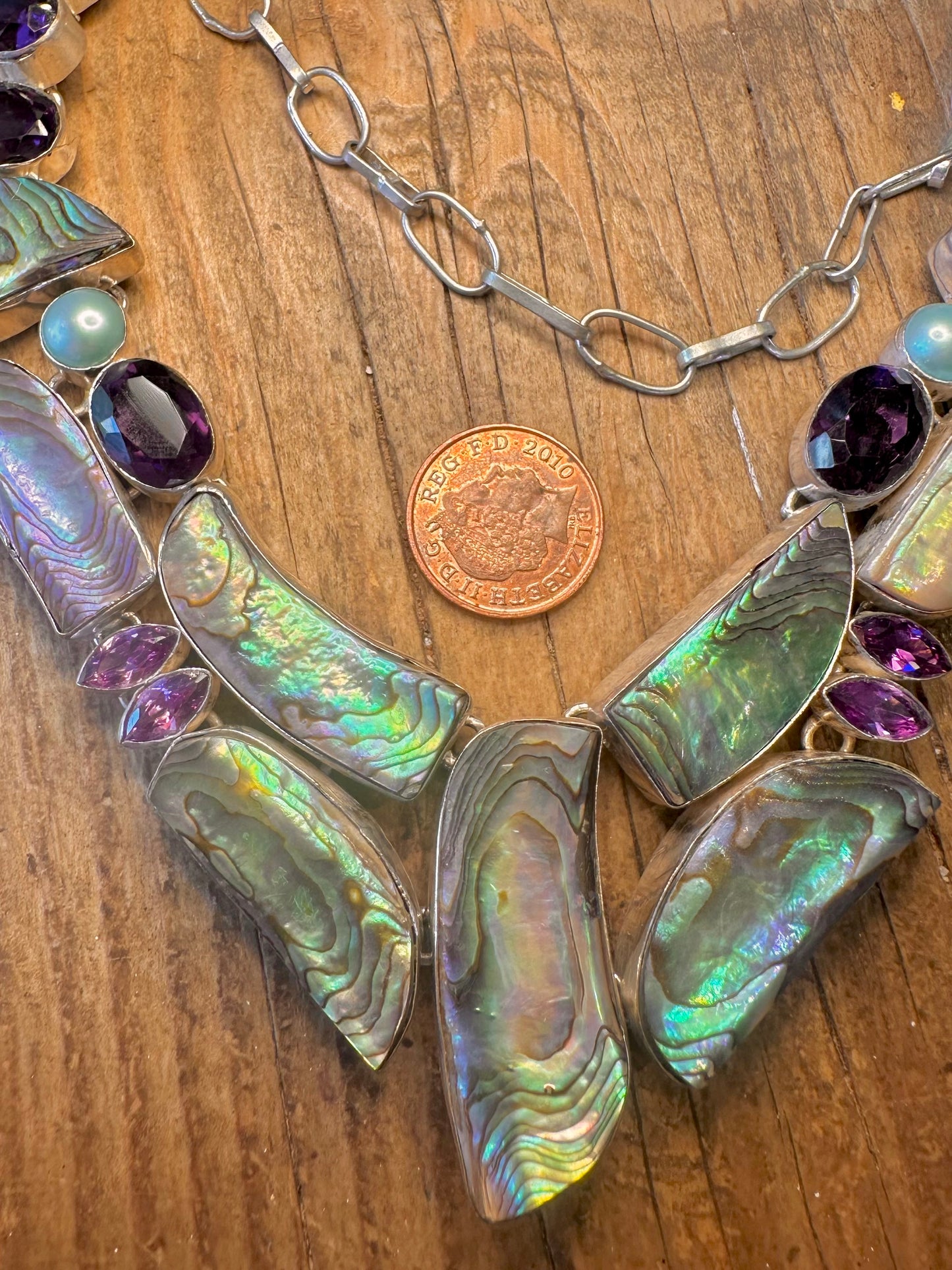 Abalone Amethyst and Pearl Large T Bar 925 Sterling Silver 20 inch Necklace