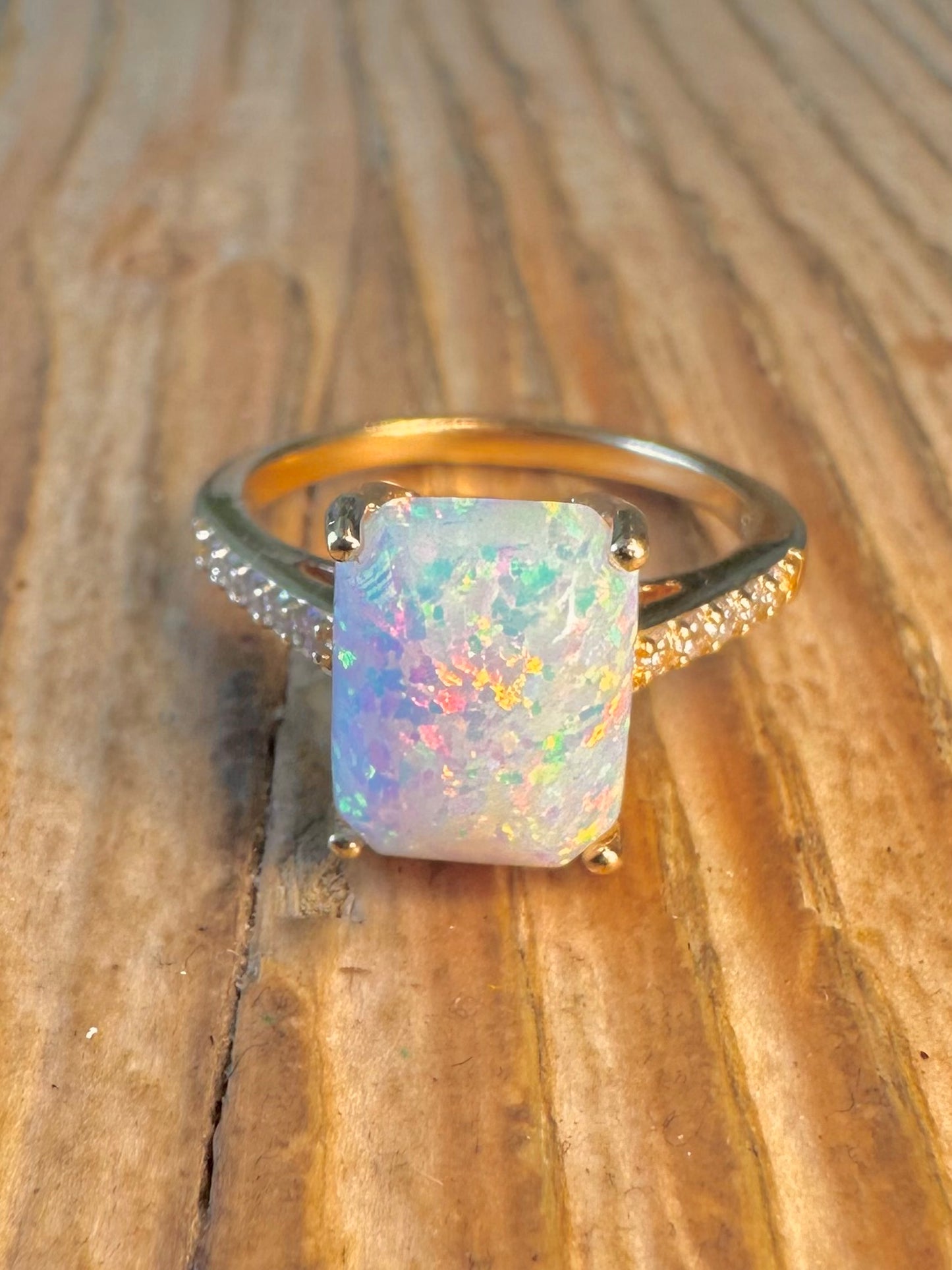 Opal and CZ Gold on 925 Sterling Silver Size L Ring